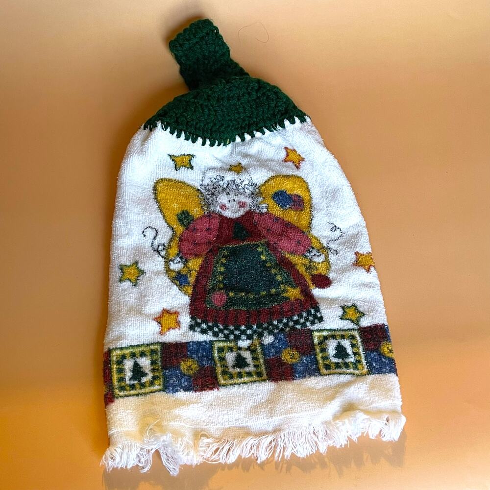 Handmade Christmas Angel Hanging Kitchen Towel Crochet Top Cottagecore 12"